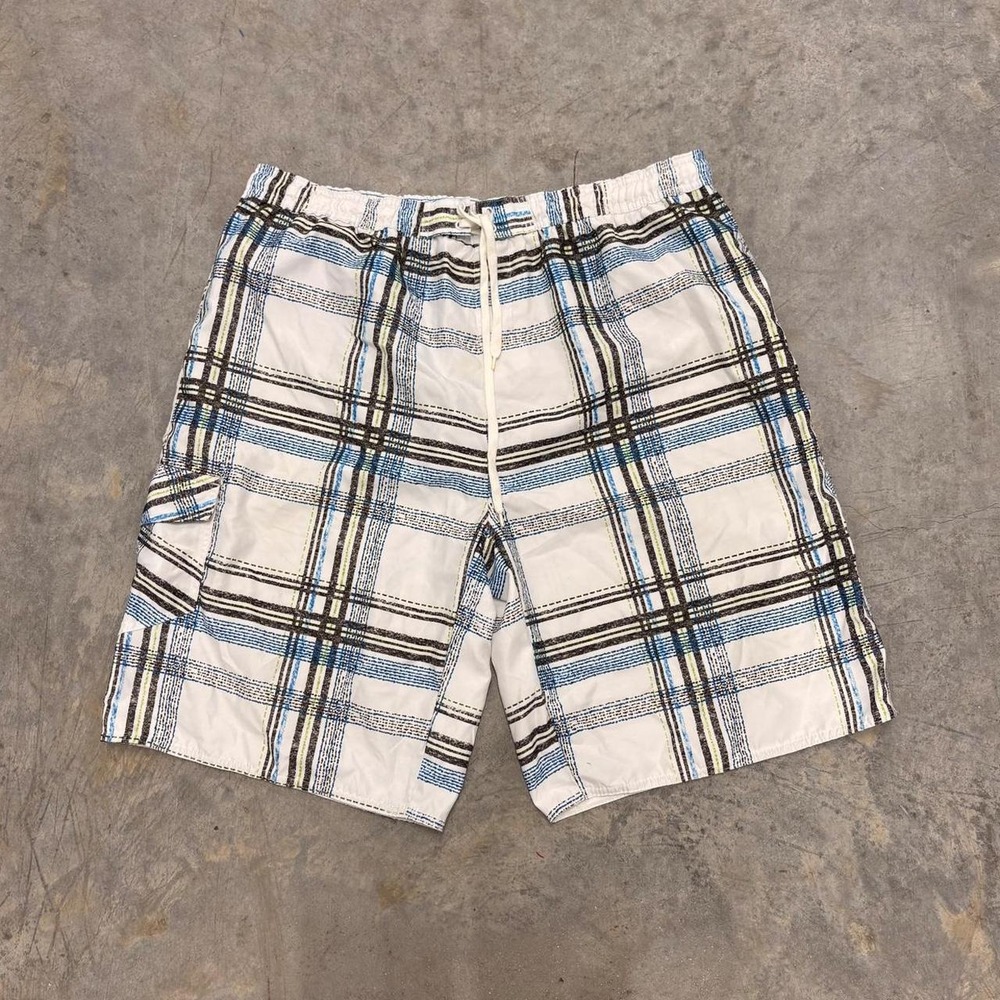 Burnside Mens XL Plaid Cargo Board Shorts White Blue Y2K Skater Surf Swim Trunks